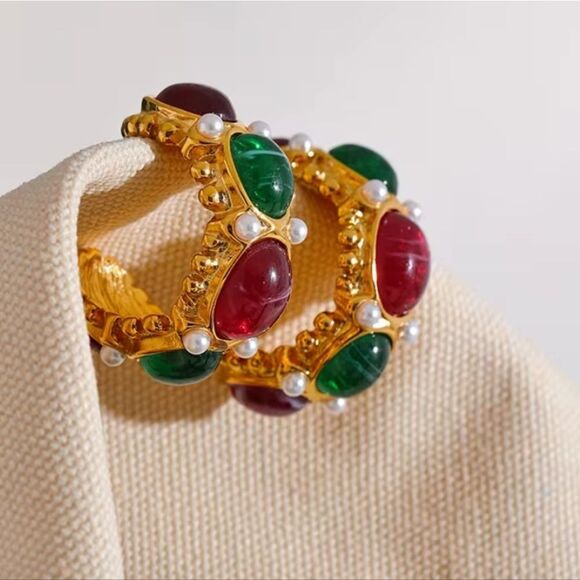 New ANTHRO 18k Gold C French Hoops with Red and Green Gems, Faux Pearls - Picture 5 of 12